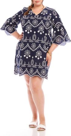 Karen Kane Embroidered Flare Sleeve Cotton Dress in Navy at Nordstrom, Size 0X