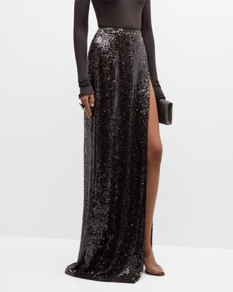 Sally Lapointe High-Waist Sequined Thigh-Slit Maxi Skirt