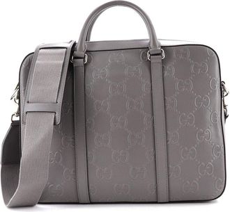 Gucci Grey Gg Embossed Perforated Leather Briefcase Medium (Authentic Pre- Loved)