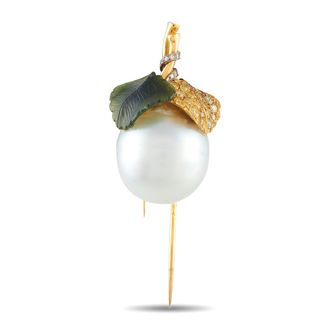 Luxury Bazaar 18K Yellow Gold 0.50ct Fancy Diamond, Nephrite Jade, and Baroque Pearl Brooch MD12-062926