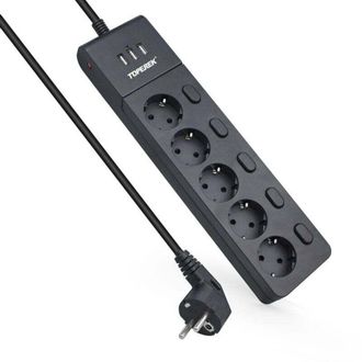 OEM Regleta De 5 Tomas + 3 Puertos Usb Con Protector Contra Sobretensiones, Interruptor Y Protecci&oacute;n Contra Picos De Tensi&oacute;n - 2 M, 2500 W / 10 A, Para El