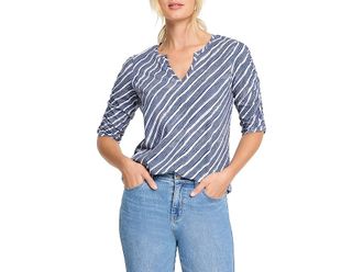 Nic+Zoe Mixed Stripe Ruched Sleeve T-Shirts Womens Clothing Indigo : XL (US 16-18), Cotton