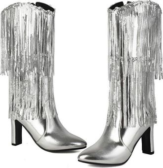 Generic Womens Glitter Mid Calf Boots Pointed Toe Chunky Heel Fringe Tassel Detail Western Ankle Booties Ladies Fashion Party Night Out Footwear Sparkly Eveni