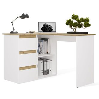Topeshop Nicea - Escritorio De Esquina Con Almacenaje - 3 Cajones + 2 Estantes - 120x48,5x75 Cm - Escritorio Para Ordenador - Roble Artisan / Blanco