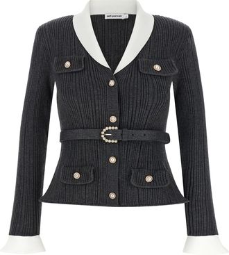Self Portrait Grey Ribbed Knit Cardigan