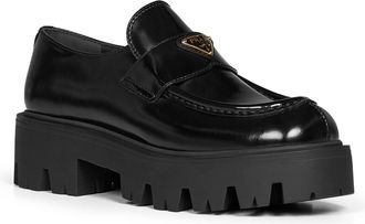 Prada Womens Loafers Brushed Calf Leather Black