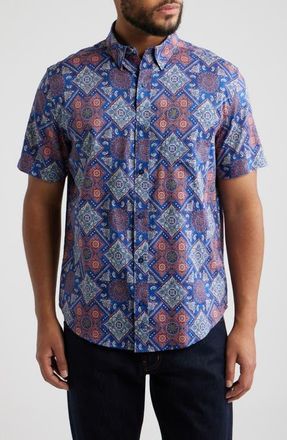 Johnston & Murphy Logan Geo Print Short Sleeve Cotton Blend Button-Up Shirt in Navy /Red Bandana at Nordstrom, Size Xxx-Large
