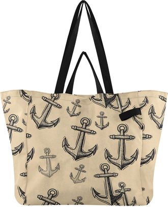 Generic Beige print Reusable Canvas Tote Bag, Heavy Duty Grocery Shopping Bag with Double Handles Large Capacity Hard Bottom Work Groceries Travel