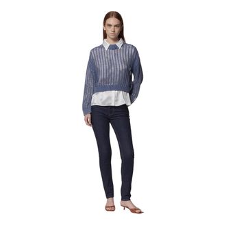 John Richmond Blauwe geperforeerde top met wit overhemdinzet - Dames - Ronde hals truien - Blauw - M - Katoen - Truien & Vesten
