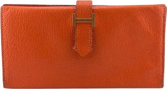 Herm&egrave;s Bearn Orange Leather Long Wallet (Bi-Fold) (Pre-Owned)