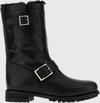 Jimmy Choo London Stivali biker in pelle dagnello con fodera in shearling e fibbie