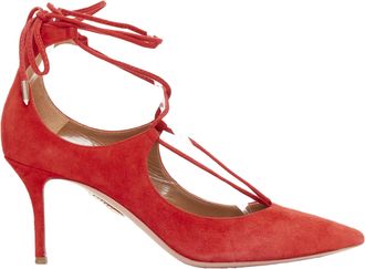 Aquazzura Christy red suede leather lace up mid pumps
