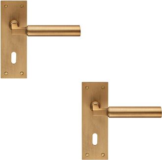 Loops 2x PAIR Round Bar Handle on Slim Lock Backplate 150 x 50mm Antique Brass