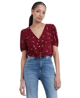 Tommy Hilfiger Tommy Jeans Blouse Womens Mountain Floral Short Sleeve Tie Front Cropped FTS1379