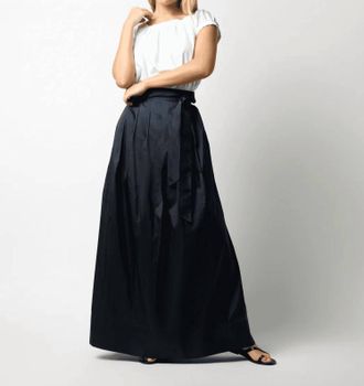 Ann Mashburn Pleated Wrap Skirt In Navy Silk Shantung