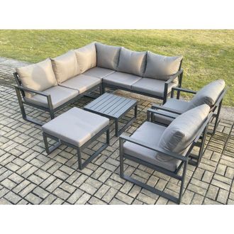 Fimous Fimous Outdoor Garden Furniture Set Aluminium Lounge Sofa Square Coffee Table Sets with 2 Pcs Chair Big Footstool Indoor Conservatory Set Dark Grey