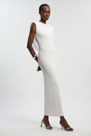 Karen Millen Womens Petite Viscose Blend Slinky Drape Plunge Back Knit Maxi Dress - White - Size X-Small