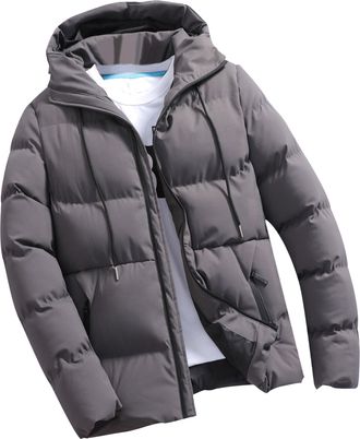 Generic Mens Winter with Hood Puffer Jacket Thicken Insulated Warm Down Coat Windproof Waterproof Hooded Puffy Jackets, Grey, M