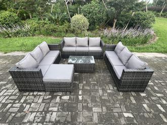 Fimous Outdoor Lounge Sofa Set Wicker PE Rattan Garden Furniture Set with Oblong Coffee Table Big Footstool Dark Grey Mixed