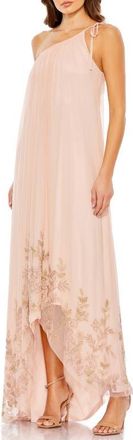 Mac Duggal Asymmetrical One Shoulder Beaded Hem Mesh Gown in Rose at Nordstrom, Size 10