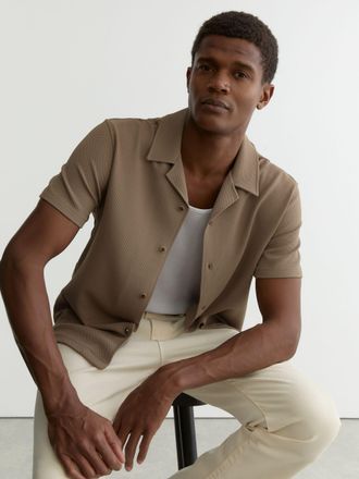 Reiss Camel Brown Textured Cuban-collar Shirt, 2XL