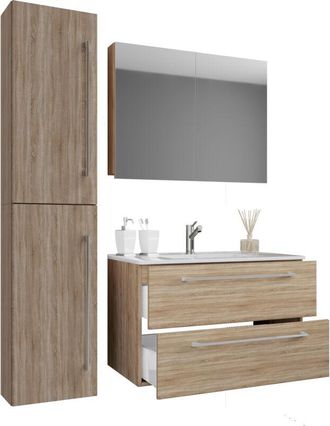 ebuy24 Ebuy24 - Vcm 4 Piezas Lavabo Lavabo Gabinete Inferior Ancho 80 Cm Muebles De Ba&ntilde;o Conjunto Con Cajones Puertas Giratorias Gabinete De Espejo Badinos (