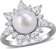Delmar Cultured White Pearl & Lab Grown Sapphire Halo Ring in White Gold at Nordstrom Rack, Size 9