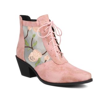 Generic Womens Ankle Boots Floral Embroidery Sheer Mesh Panel Lace Up Square Toe Chunky Block Heel Lightweight Sole Fashion Boots Multiple Color Options,Pink,