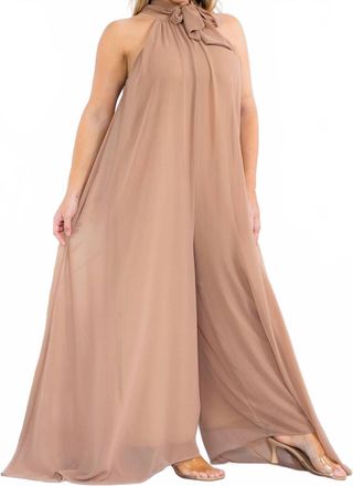 Karen Kane Sleeveless Halter Jumpsuit In Beige