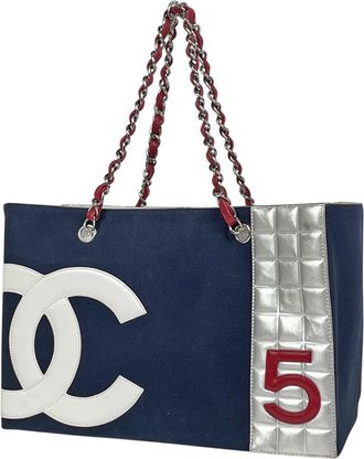 Chanel Navy Silver Canvas Leather Tote Bag (Pre-Owned)
