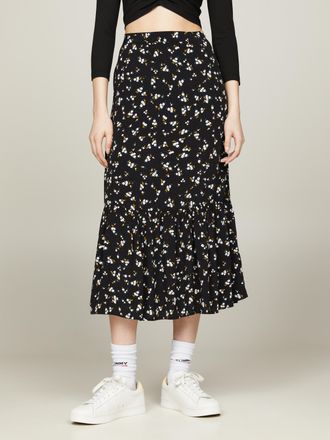 Tommy Jeans A-Linien-Rock TOMMY JEANS CURVE TJW FLORAL RUFFLE MIDI SKIRT EXT, Damen, Gr. 5XL (50), bunt (spring floral), Web, Obermaterial: 100% Viskose, gemuster