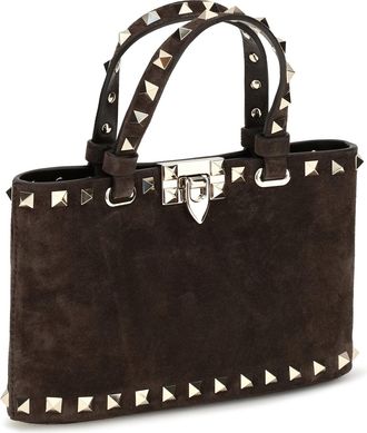 Valentino Garavani Womens Suede Rockstud Mini Handbag Ebony Brown Calf Leather Bos Taurus Handbags Hand Bags