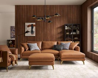 Castlery Lena Leather Chaise Sectional Sofa with Ottoman, American Top Grain Leather, Brown, Brass Leg