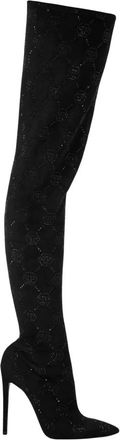 Philipp Plein Suede Stretch Laarzen Hoge Hakken Overknees Monogram - Dames - Over de knie laarzen - Zwart - 40 EU - Leer - Schoenen