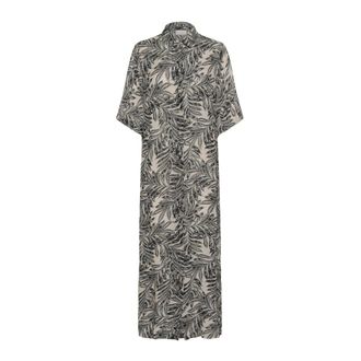 Kaffe Grijze Veer Blad Print Jurk - Dames - Shirt Kleedjes - Grijs - M - Kleedjes