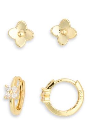 Argento Vivo Set of 2 Cubic Zirconia Flower Stud & Hoop Earrings in Gold at Nordstrom Rack
