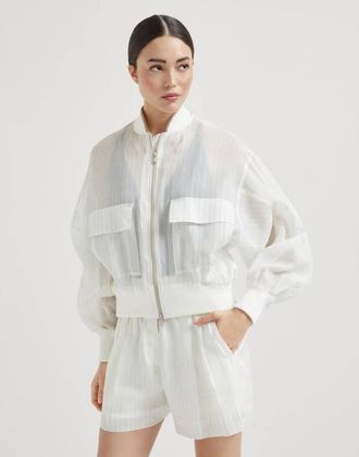 Brunello Cucinelli Womens Off White Sheer Zip Front Sweater, Size 48