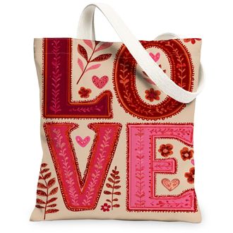 Generic Love Floral Canvas Tote Bags, Heart Pattern Reusable Grocery Bags, Spring Vintage Lightweight Washable Shoulder Strap, Beige, 13x15 Inch