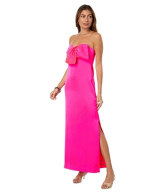Lilly Pulitzer Carlynn Maxi Bow Dress Womens Pink Satin Strapless KFC1079