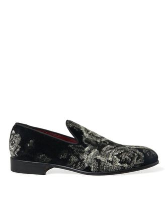 Dolce & Gabbana Mens Floral Print Velvet Loafers Slipon - Black Textile - Size EU 39