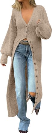 Generic Womens Long V Neck Cardigan Fashion Open Front Knitted Cover Up with Buttons Elegant Bell Sleeve Casual Office Wear Maxi Sweater Dress