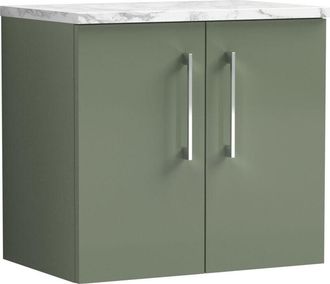 Nuie Arno Wall Hung 2-Door Vanity Unit with Carrera Marble Worktop 600mm Wide - Satin Green - Nuie