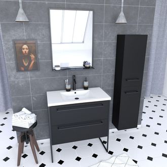Aurlane Pack Mueble De Ba&ntilde;o 80x50cm Negro -2 Cajones -lavabo Blanco -espejo-columna
