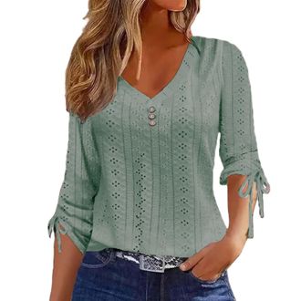 Generic Tops for Women Plus Size Long Sleeve V Neck Button Lace T Shirts Casual Broderie Anglaise Loose Fit Shirts Blouse Comfy Oversized Tunic Tops Light Ord