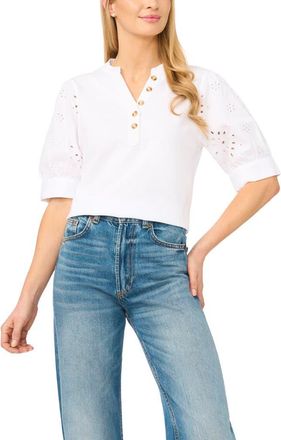 CeCe by Cynthia Steffe Puff Sleeve Mixed Media Cotton Top in Ultra White at Nordstrom, Size Xx-Large