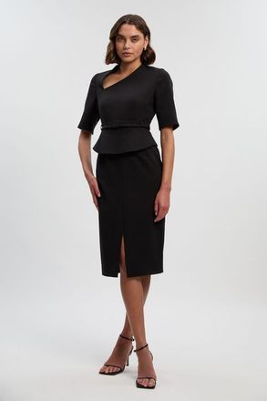 Karen Millen Asymmetric Neck Belted Pencil Midi Dress in Black at Nordstrom, Size 10