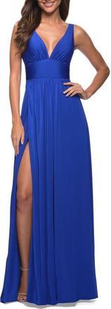 La Femme Empire Waist Gown with Deep V Neckline in Royal Blue at Nordstrom, Size 00