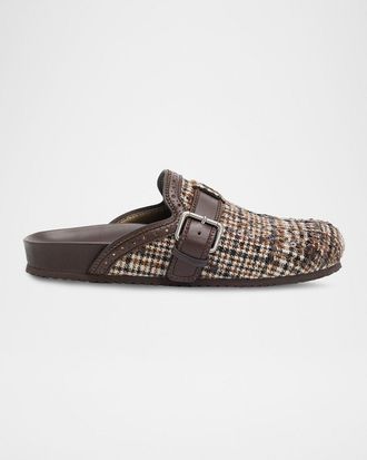 Brunello Cucinelli Plaid Sequined Wool and Leather Buckle Clogs