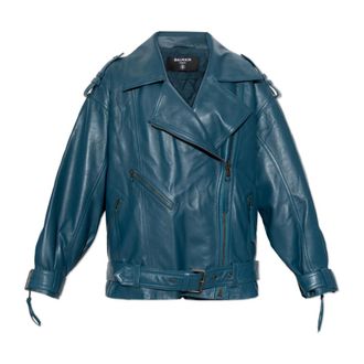Balmain Giacca in Pelle con Cintura - - Jackets - Donna - Blu - S