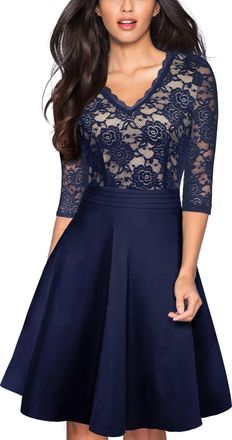 Homeyee Womens Vintage 3/4 Sleeve Floral Lace Embroidery Cocktail Flared Dress A062 (UK 8 = Size S, Dark Blue)
